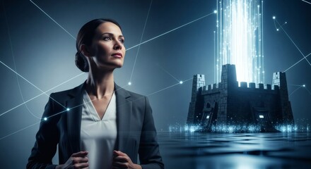 Confident Businesswoman Facing Digital Fortress, Futuristic Technology Concept