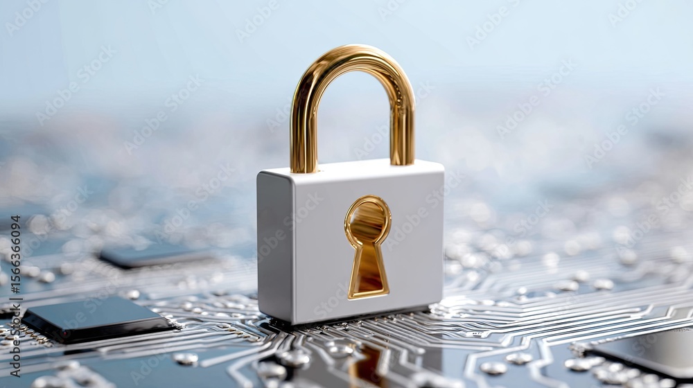 Poster modern padlock on circuit board representing digital security concept