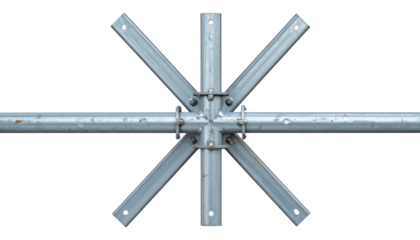 Scaffold cross brace in galvanized steel with rust marks isolated on a solid white background Png