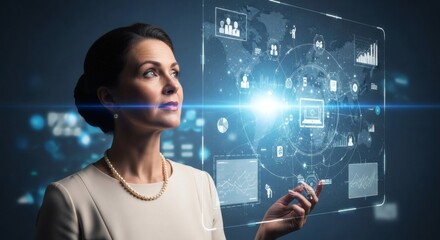 Woman Interacting with Futuristic Holographic Interface