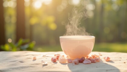 Steam rises from a bowl of hot water surrounded by crystals in a serene outdoor setting during golden hour