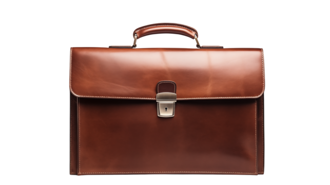 Elegant brown leather briefcase with a silver lock  isolated on transparent background