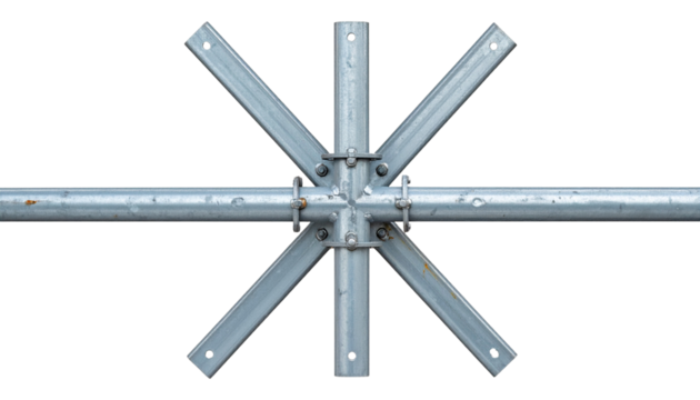 Scaffold cross brace in galvanized steel with rust marks isolated on a solid white background Png