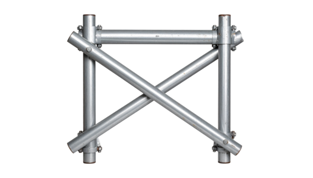 Scaffold cross brace in galvanized steel with rust marks isolated on a solid white background