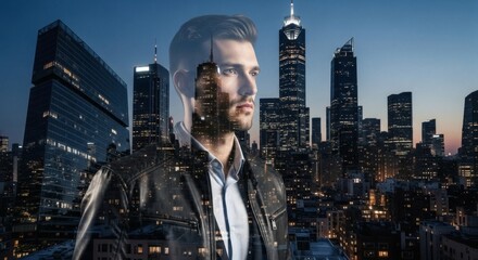 Ambitious Man Overlapping Cityscape at Dusk