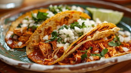 Authentic chicken tinga tacos: shredded chicken in smoky sauce, topped with diced onion, cilantro, and lime.
