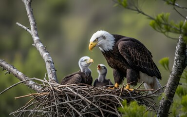 Bald eagle with chicks nesting in a tree branch wildlife photography