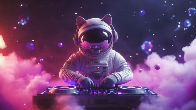 An astronaut cat is skillfully mixing music at a DJ booth surrounded by vibrant cosmic elements and clouds
