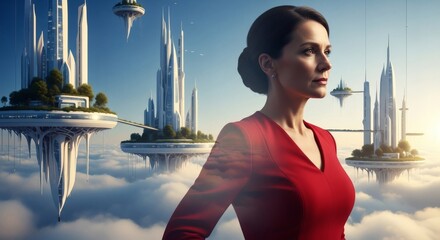 Woman in Red Dress Contemplating Futuristic Cityscape