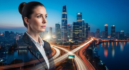 Ambitious Businesswoman Contemplating Future in Modern Cityscape