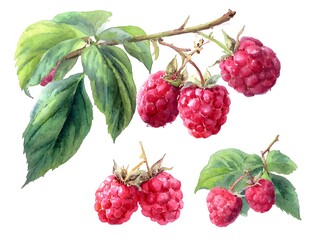 Watercolor Raspberries Shrub with Blossoms and Berries for Graphic Design