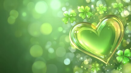 Shiny Green Heart with Four Leaf Clovers St Patricks Day