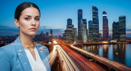 Confident Businesswoman Against Cityscape at Dusk