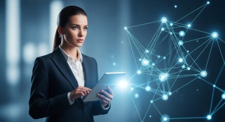Confident Businesswoman Using Tablet with Digital Network Hologram