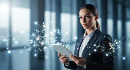 Confident Businesswoman Using Tablet with Network Graphic Overlay