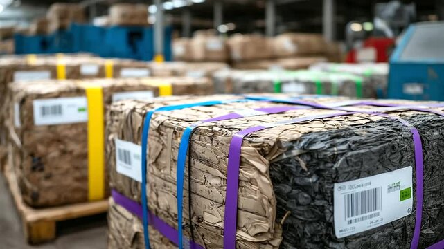 Detailed shot of barcode labels and colored straps securing large recycled paper bales in eco-friendly processing center, emphasizing traceability and modern waste management techn
