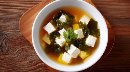 Fresh Seaweed Soup with Tofu and Garnish in a White Bowl
