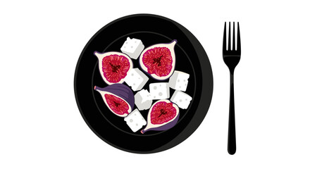 Plate of fresh figs and diced cheese on a white background, healthy gourmet snack concept
