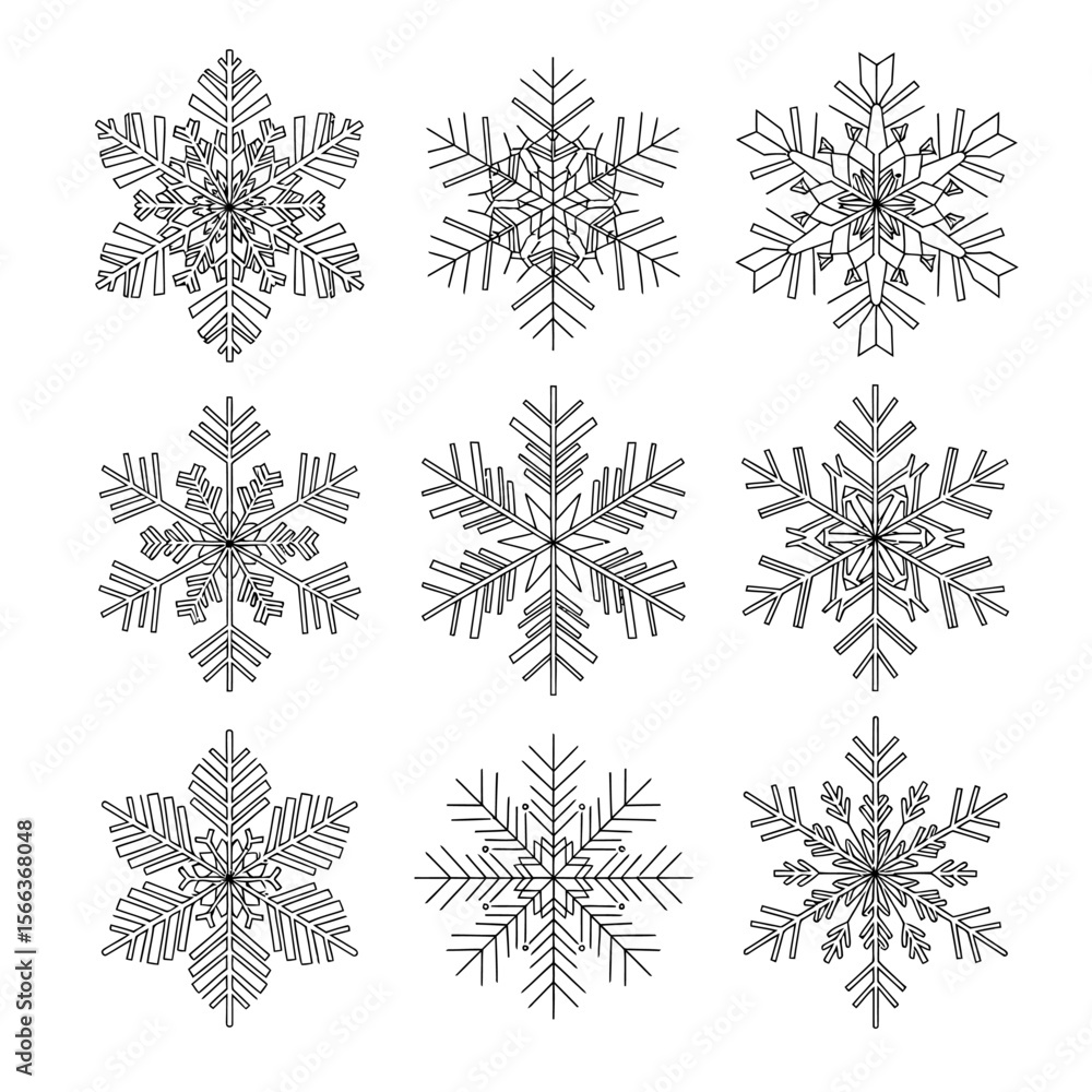 Aufkleber nine snowflakes displayed in a grid pattern with varying designs on a white background surface area