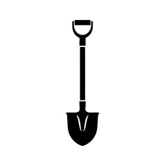 Isolated black and white illustration of a spade with a d shaped handle on a white background image