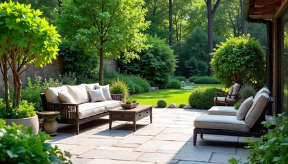 Serene patio landscape design featuring lush greenery, natural stone paving, and elegant outdoor furniture Perfect for relaxation and entertaining , landscape, stone