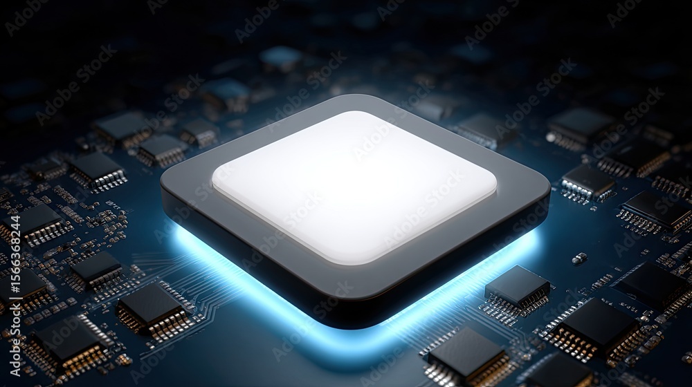 Poster glowing microchip on circuit board with electronic components