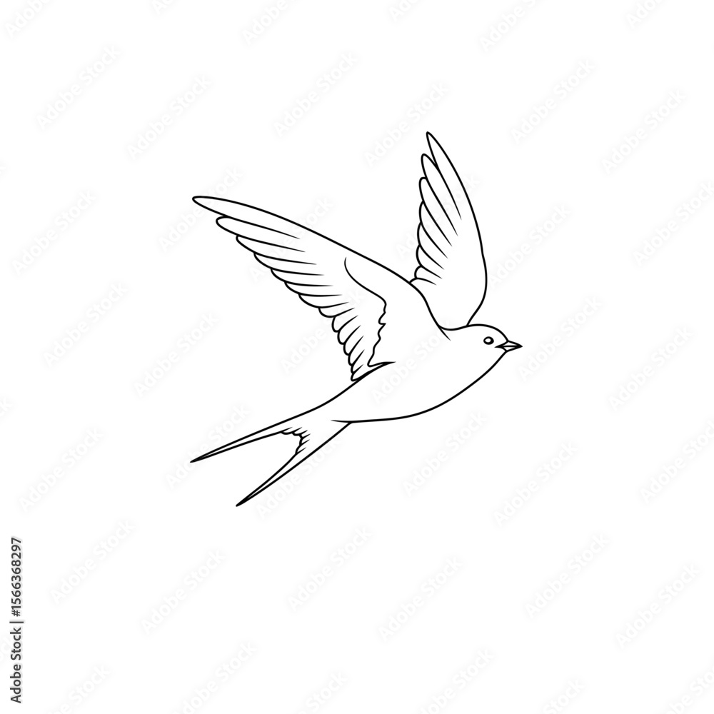 Poster a simple line drawing of a swallow in flight with its wings outstretched on a white background plane