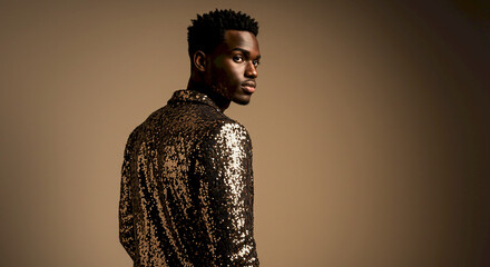 Stylish black man posing in a sequined jacket against a warm background  