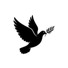 Obraz premium Black silhouette of a dove in flight carrying an olive branch against a white background illustration