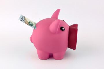 The pink piggy bank and dollars on white table.