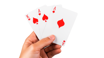 Hand holds winning poker cards, including a King and aces, with a transparent background.