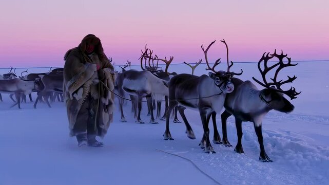Traditional reindeer herder guides his animals across a vast, snowy expanse under a vibrant sunset sky, showcasing a timeless bond between humans and nature in a frigid environment