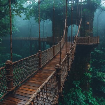 Fototapeta A wooden bridge with a rope bridge over a forest