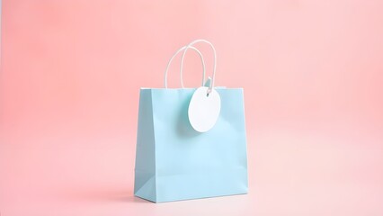 Light Blue Pastel Gift Bag with Blank Tag on a Pink Background

