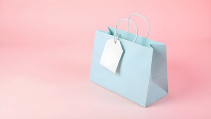 Gift Bag in Pastel Light Blue with a Blank Tag on Pink Background

