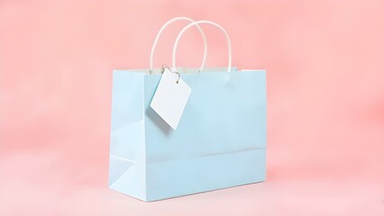 Light Blue Gift Bag in Pastel Shade with Blank Tag on Pink Backdrop

