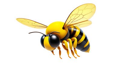 A charming cartoon bee with yellow and black stripes, happily flying with its wings spread, collecting honey, or isolated on a white background
