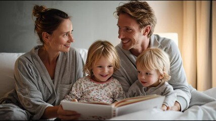 Young family with two small children indoors in bedroom reading a book - Powered by Adobe