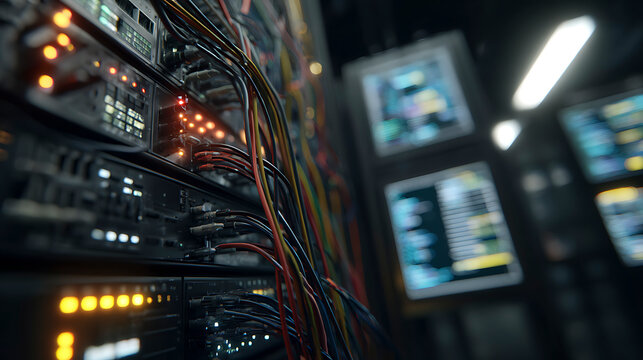 High-Resolution Server Room with Detailed Network Cables and Active Monitors