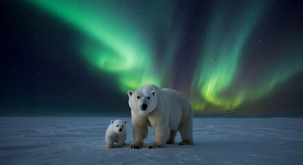 Emotive polar bear mother and cub walking under aurora in Arctic wilderness, captured in cinematic realism.