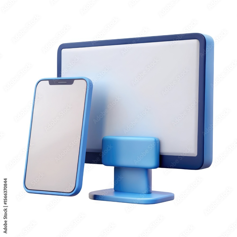 Poster modern blue smartphone and computer monitor displayed together isolated on white background