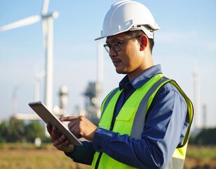 Travailleur devant &eacute;olienne ou centrale nucl&eacute;aire &ndash; &eacute;nergie, industrie et d&eacute;veloppement durable