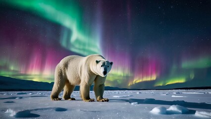 Emotive polar bear mother and cub walking under aurora in Arctic wilderness, captured in cinematic realism.