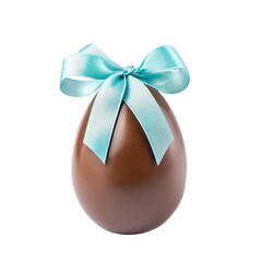 Delicious chocolate egg with a light blue ribbon on a Transparent background perfect for Easter celebrations, Tasty chocolate egg with light blue ribbon isolated on PNG background