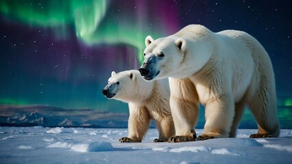 Emotive polar bear mother and cub walking under aurora in Arctic wilderness, captured in cinematic realism.