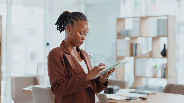 Creative, review or black woman on tablet for startup, post schedule or online update research. Business, app or content strategist on technology for digital marketing trends or social media growth