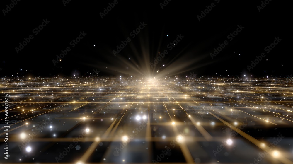 Poster abstract light rays over grid pattern in dark background space