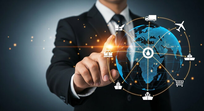 Businessman interacts with global logistics network via digital interface