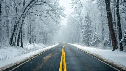 A winding road through a snowy forest on a cold winter day, with trees dusted white under a blue sky