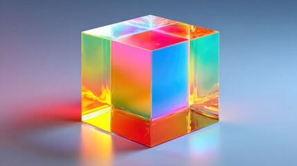 Holographic 3D cube floating in space with light refraction, symbolizing futuristic digital innovation